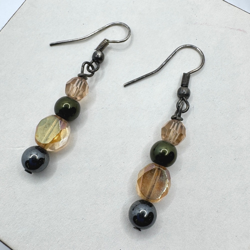 Handmade Amber Green Gunmetal Beaded Drop Earrings French Wire Dangle